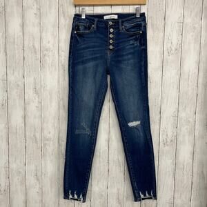 KanCan Blue Denim Button Fly Distressed Frayed Dark Wash Jeans 7/27 Juniors